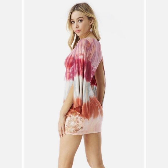 Sky Women’s Small Eliska Fire Striped Mini Dress 3/4 Sleeve Deep Cut USA - Picture 9 of 13